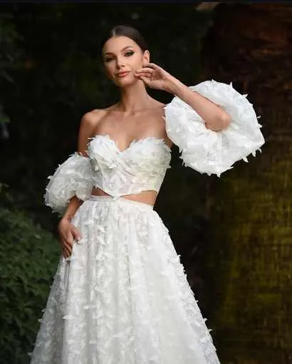Feather appliqué gown
